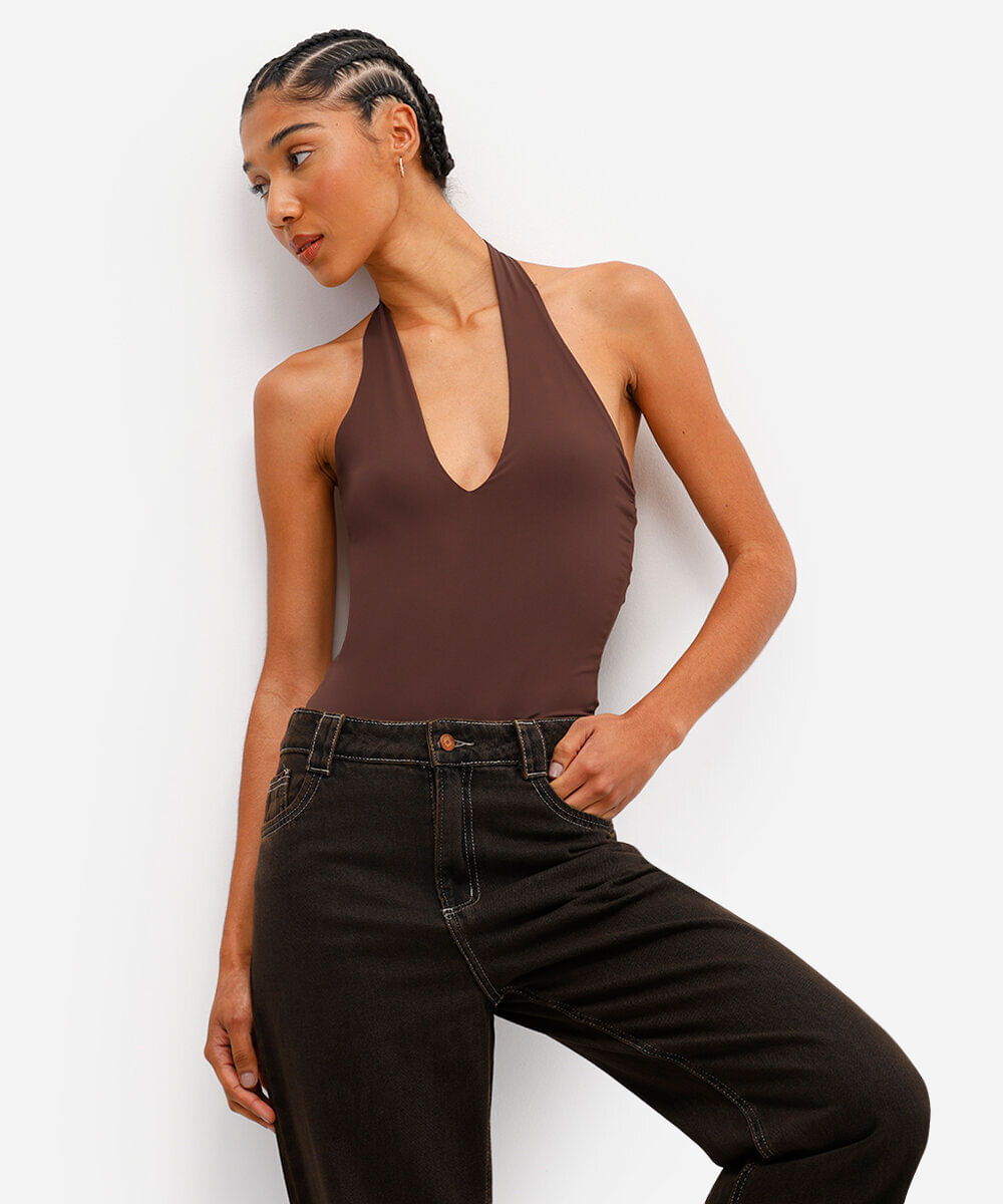 body feminino de poliamida frente única marrom