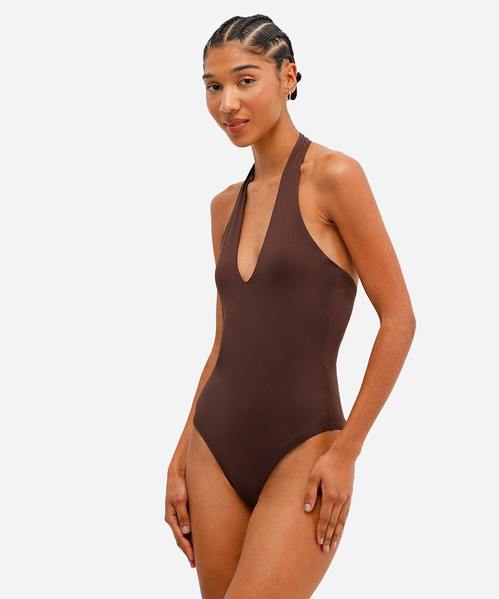 body feminino de poliamida frente única marrom