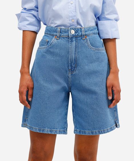 bermuda feminina jeans com fendas azul