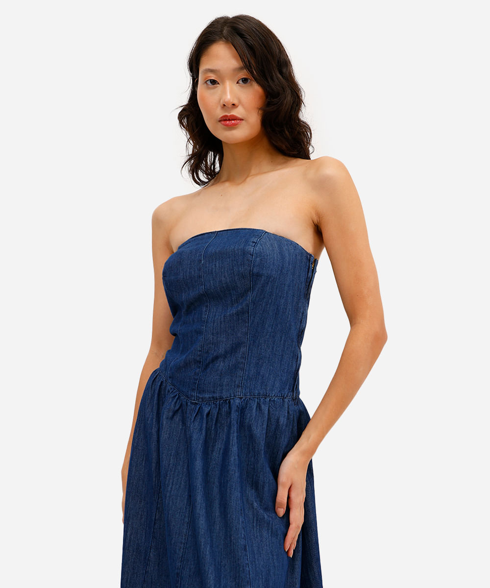 vestido midi feminino jeans sem alça azul
