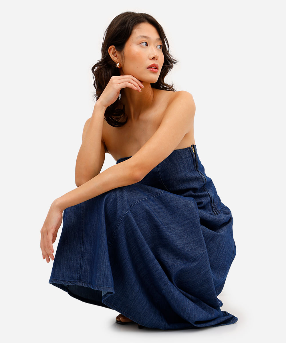vestido midi feminino jeans sem alça azul