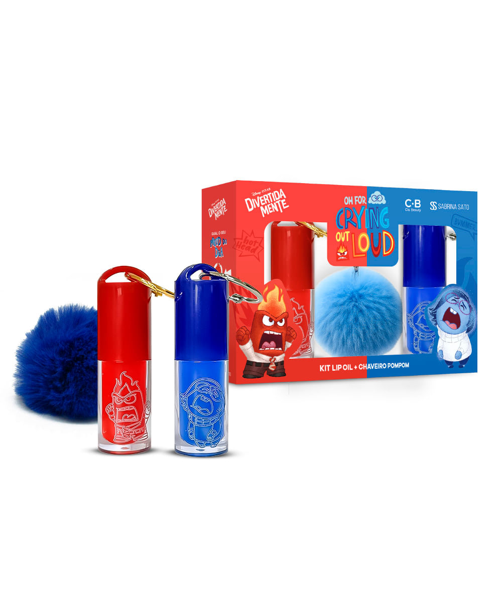 kit infantil divertida mente lip oil raiva lip oil tristeza e chaveiro pompom