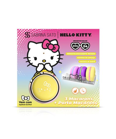 kit infantil hello kitty 3 lip balm macaron e porta macaron de acrílico