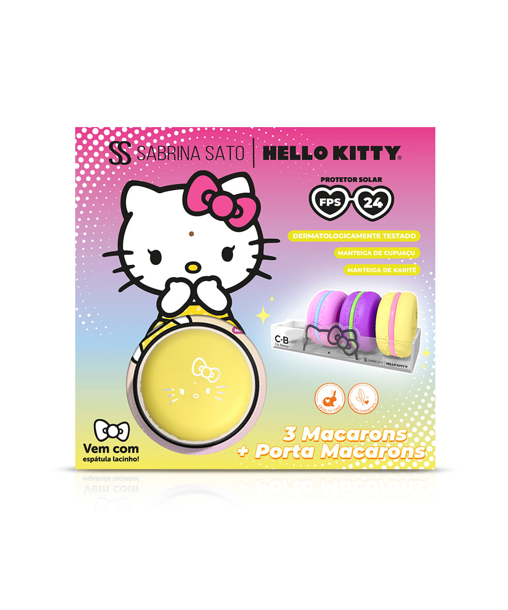 kit infantil hello kitty 3 lip balm macaron e porta macaron de acrílico