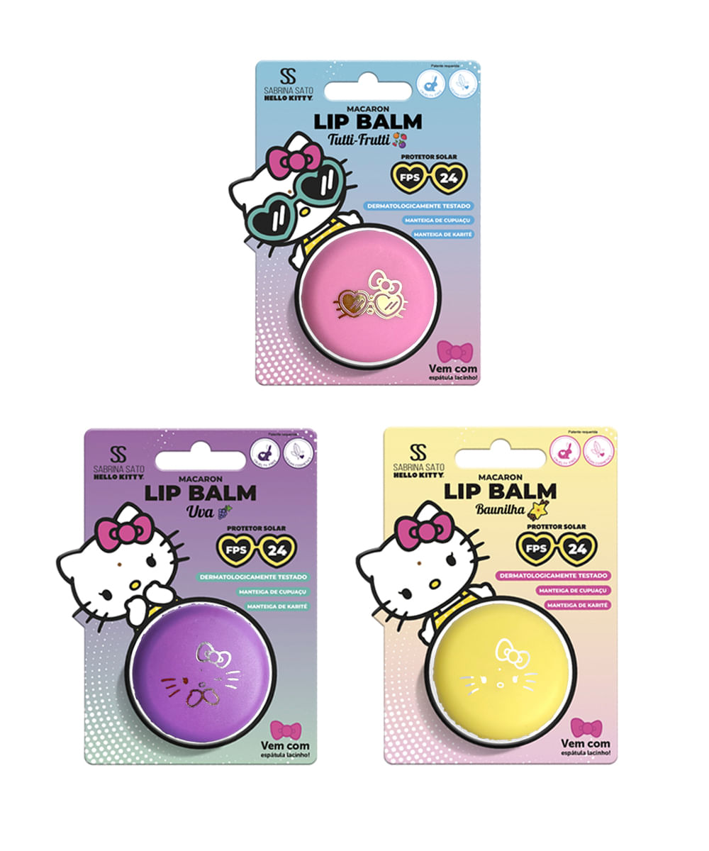 kit infantil hello kitty 3 lip balm macaron e porta macaron de acrílico