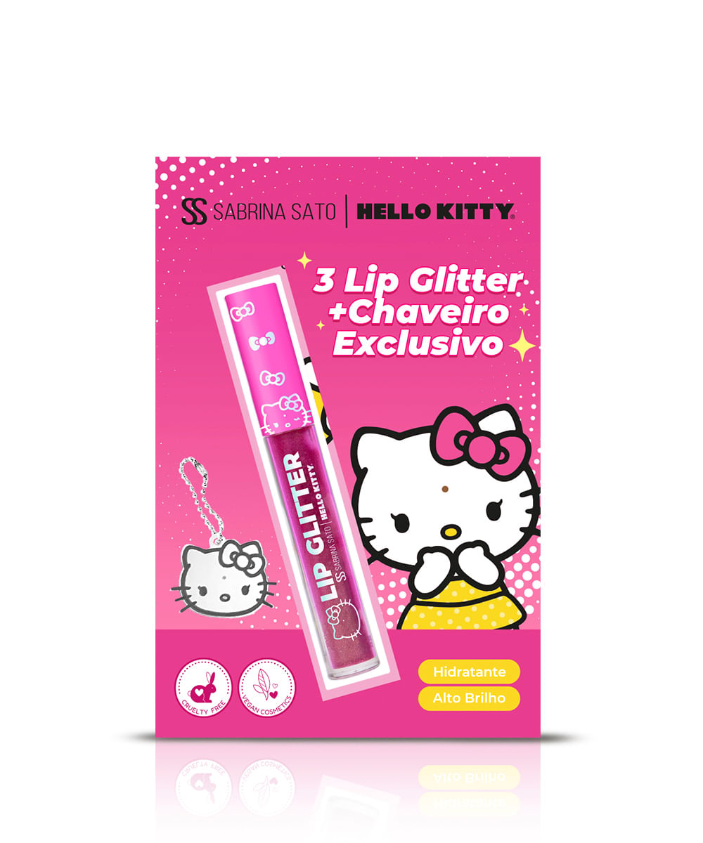 kit infantil hello kitty 3 lip glitter e 1 chaveiro espelhado