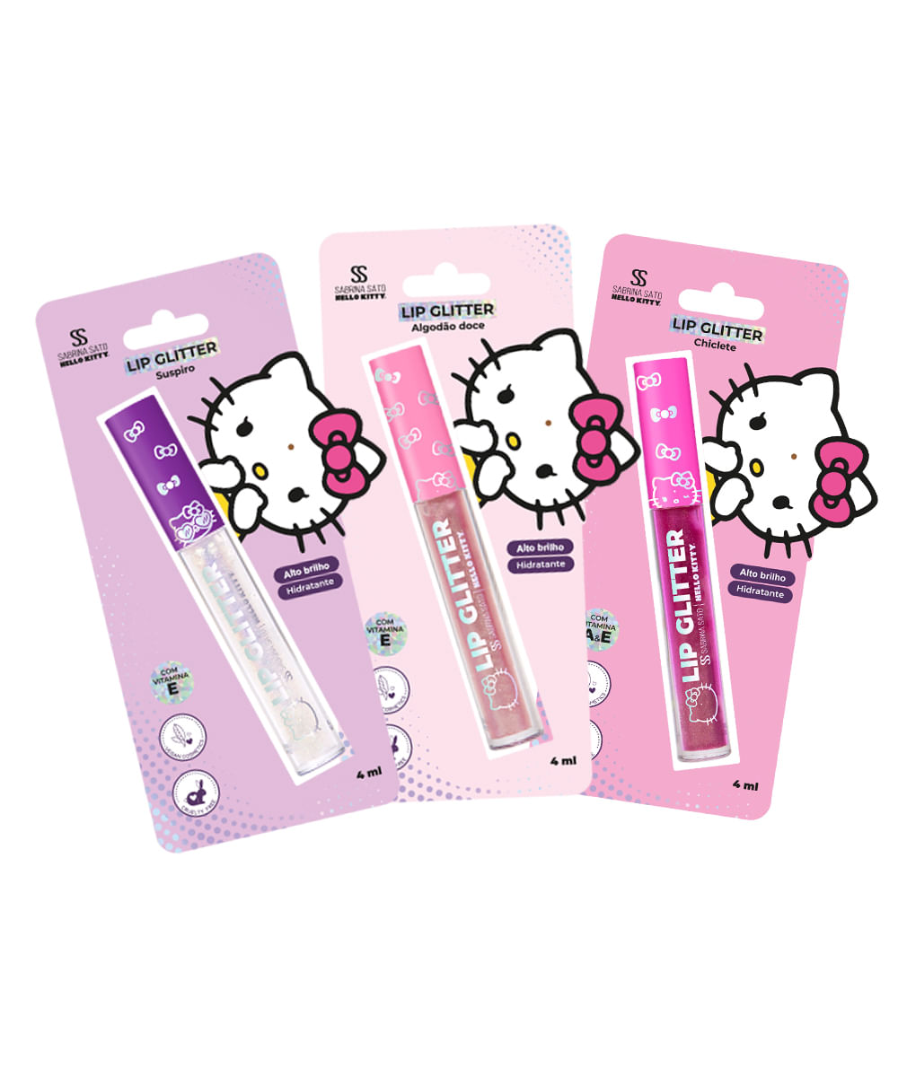 kit infantil hello kitty 3 lip glitter e 1 chaveiro espelhado