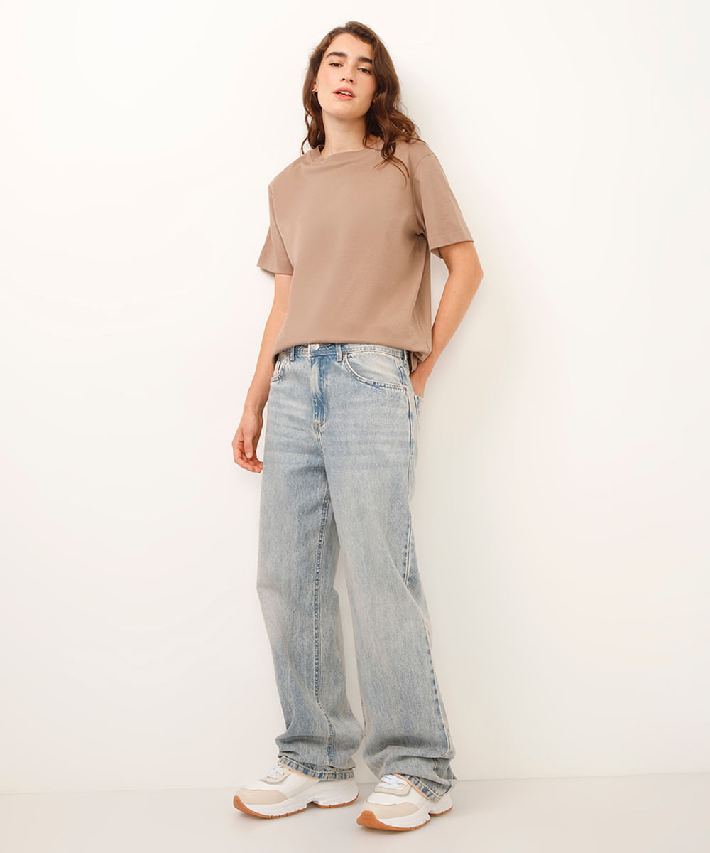 camiseta comfort feminina de algodão peruano interlock bege
