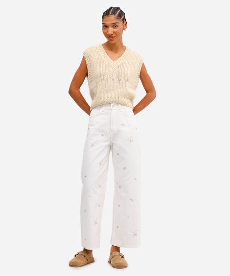 calça wide leg feminina jeans cropped bordado floral off white