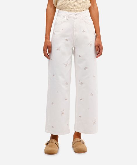 calça wide leg feminina jeans cropped bordado floral off white