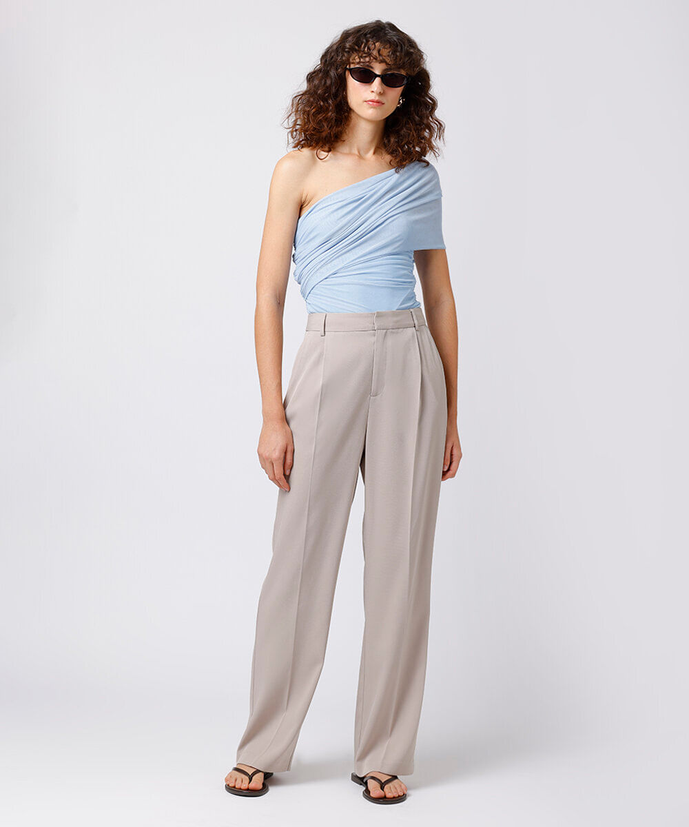 calça wide leg alfaiatada cintura alta mindset bege