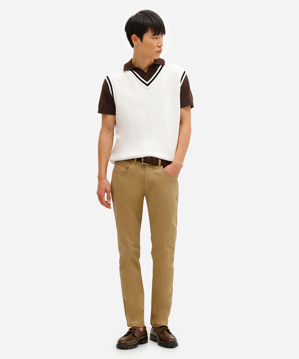 calça slim comfort masculina de sarja bege