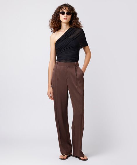 calça wide leg alfaiatada cintura alta mindset marrom
