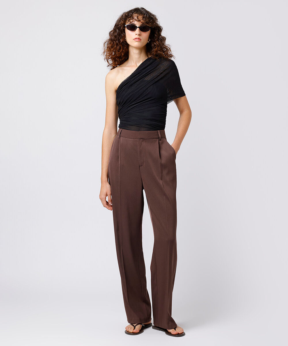 calça wide leg alfaiatada cintura alta mindset marrom