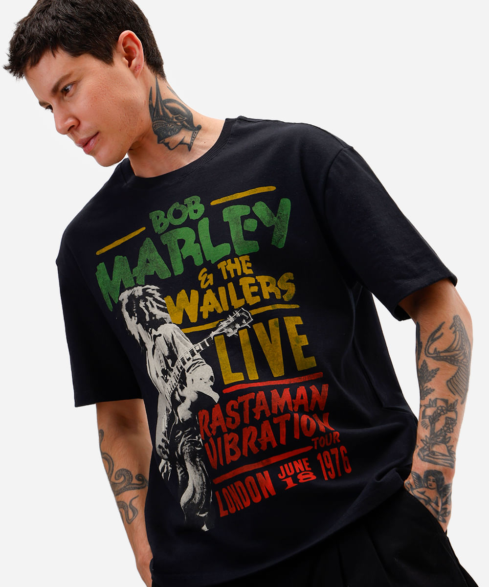 camiseta relaxed fit masculina de algodão bob marley preta