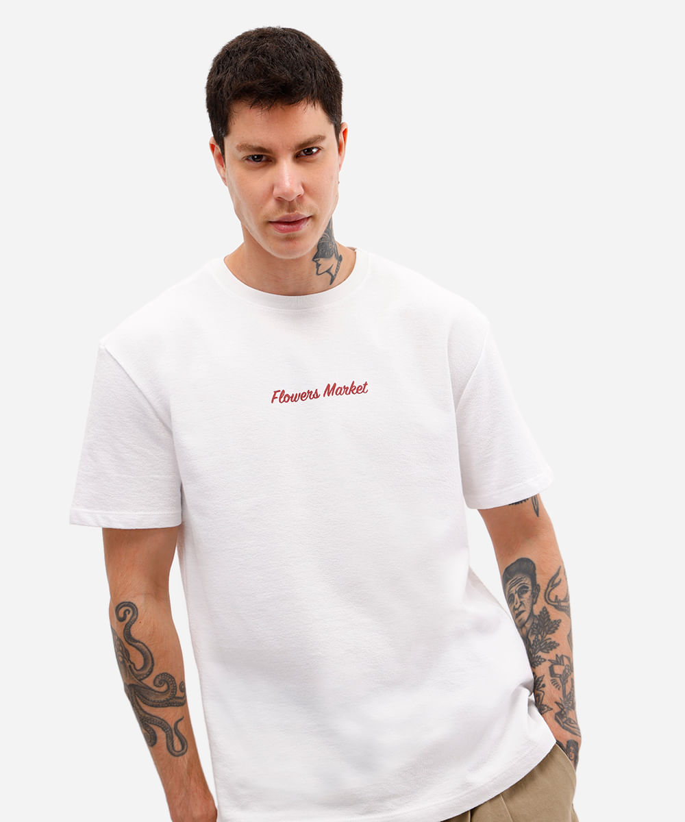 camiseta masculina de algodão manga curta flowers market off white