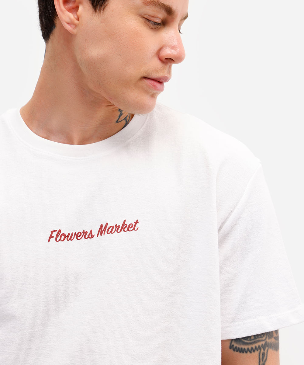 camiseta masculina de algodão manga curta flowers market off white