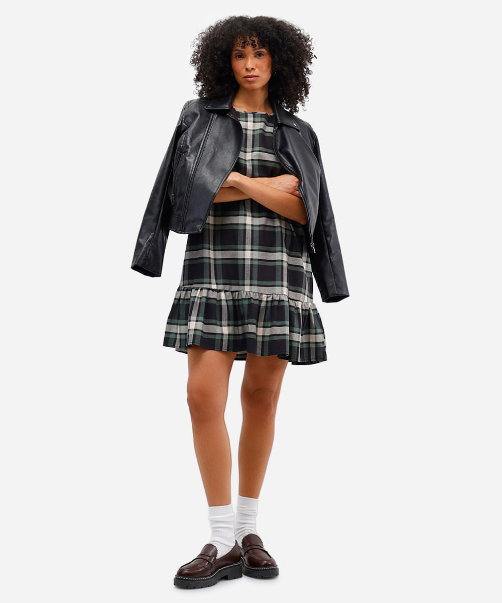 vestido curto feminino de algodão com babado xadrez verde