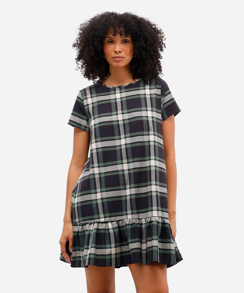 vestido curto feminino de algodão com babado xadrez verde