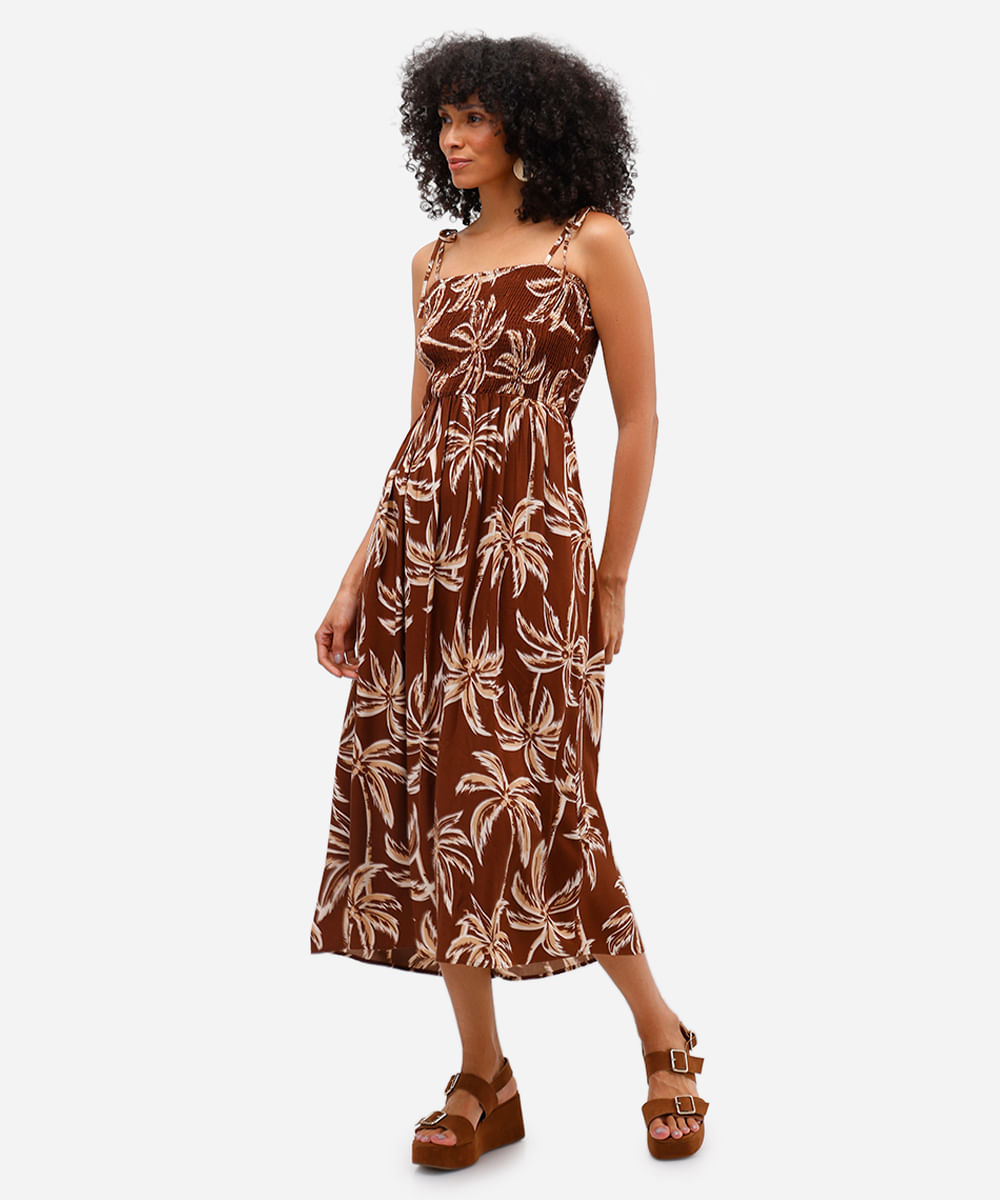 vestido midi feminino de viscose com lastex folhagens marrom