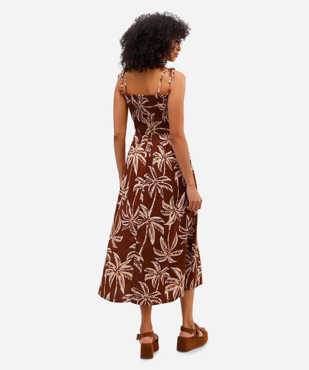 vestido midi feminino de viscose com lastex folhagens marrom