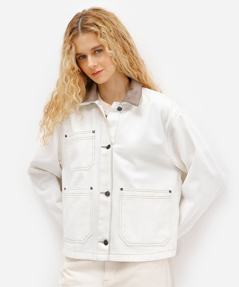 jaqueta feminina de sarja oversized gola contrastante  off white