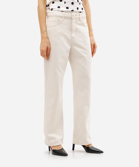 calça reta feminina de sarja cintura média bege