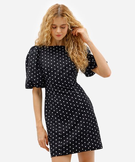 vestido curto feminino de viscose manga bufante poá preto