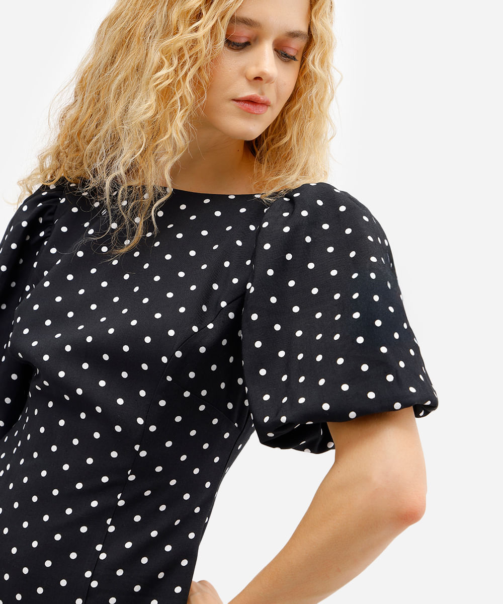 vestido curto feminino de viscose manga bufante poá preto