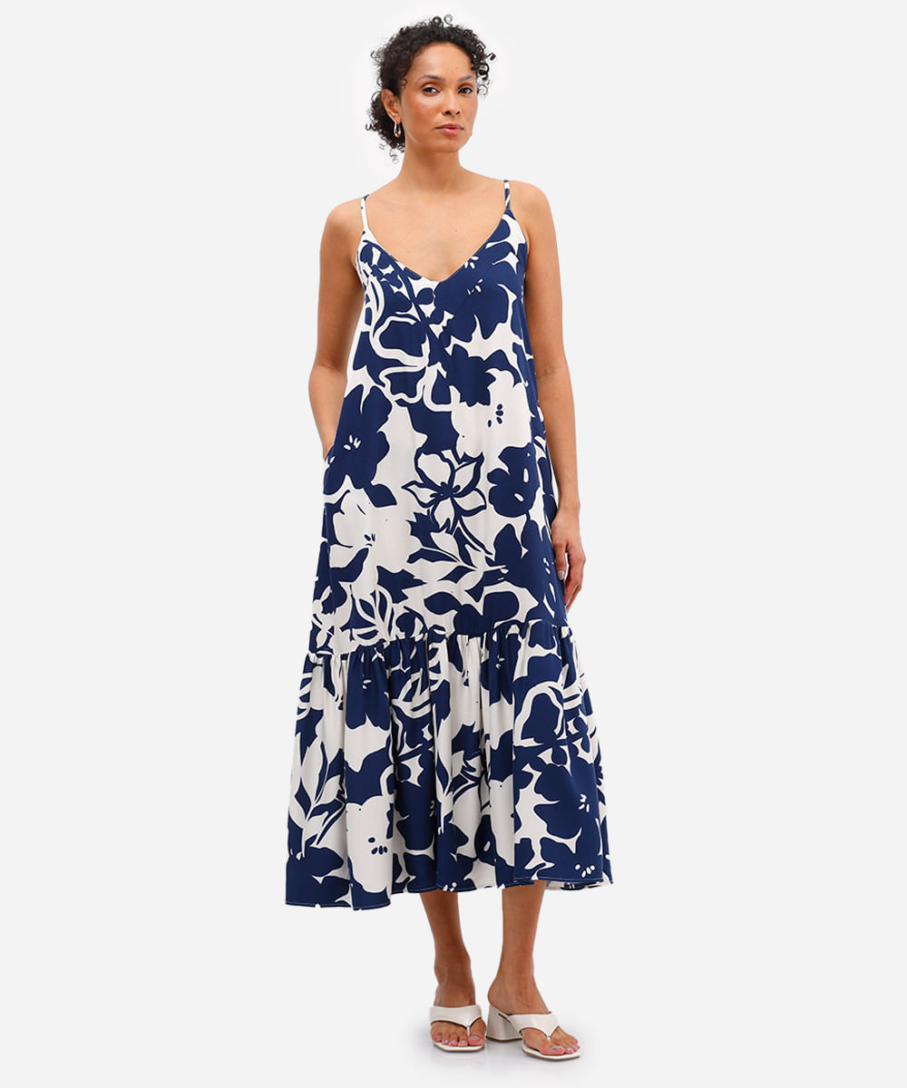 vestido midi feminino de viscose com recorte floral azul