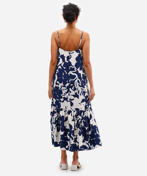 vestido midi feminino de viscose com recorte floral azul