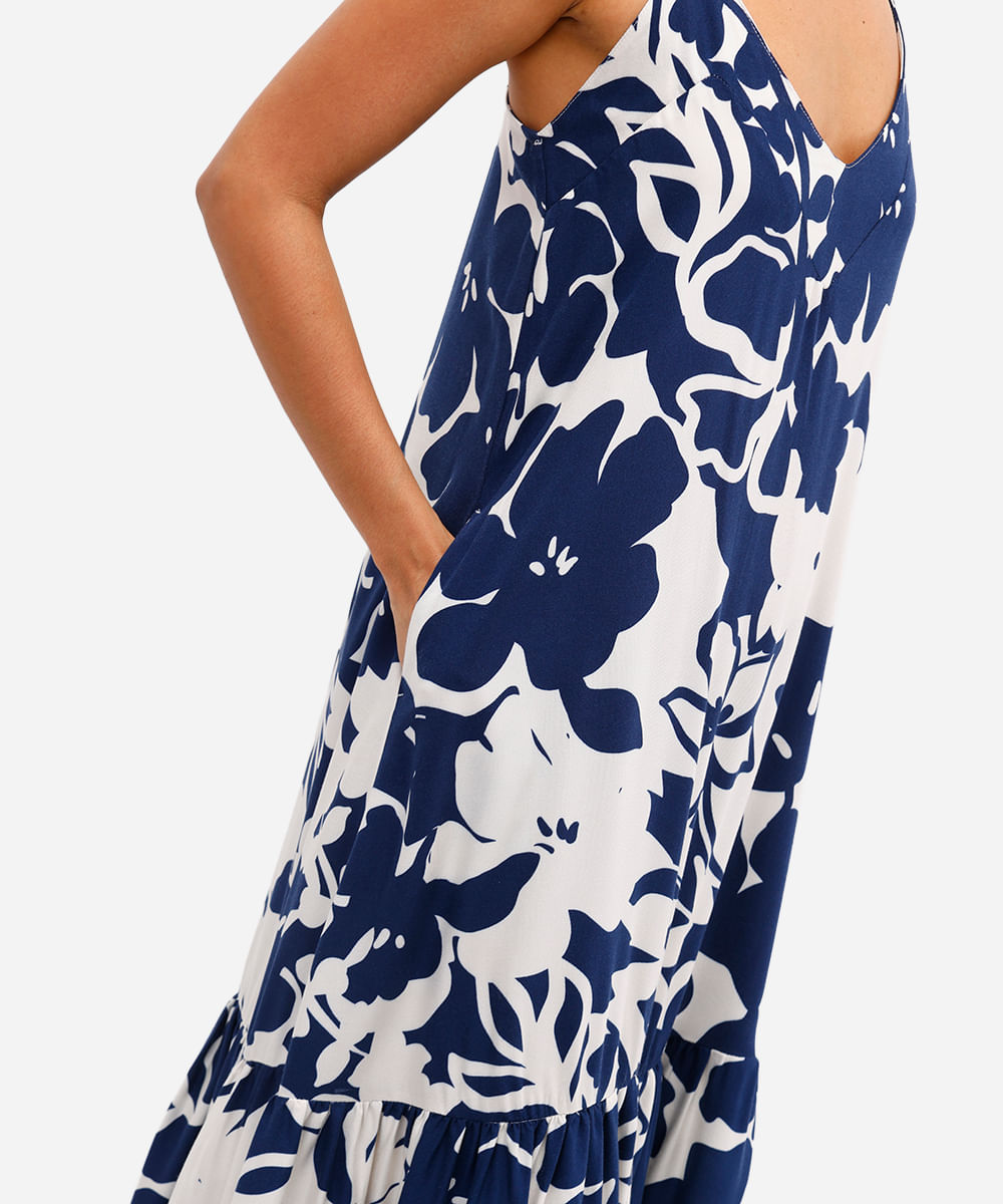 vestido midi feminino de viscose com recorte floral azul
