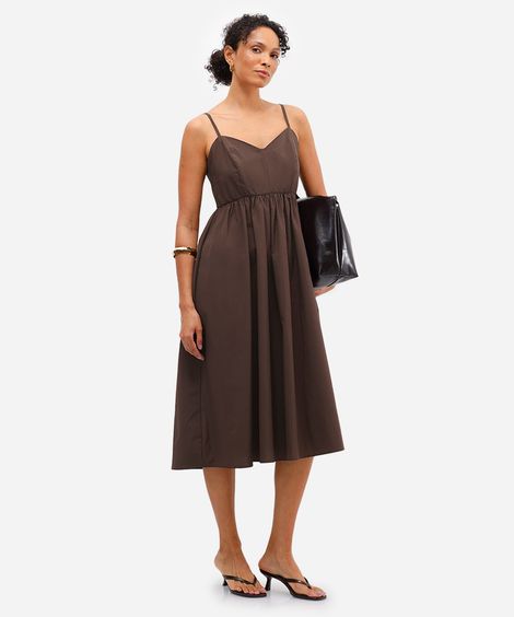 vestido midi feminino alça fina godê marrom