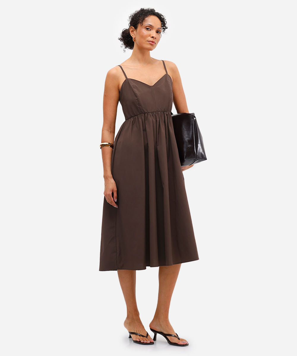 vestido midi feminino alça fina godê marrom