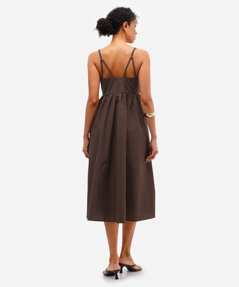 vestido midi feminino alça fina godê marrom