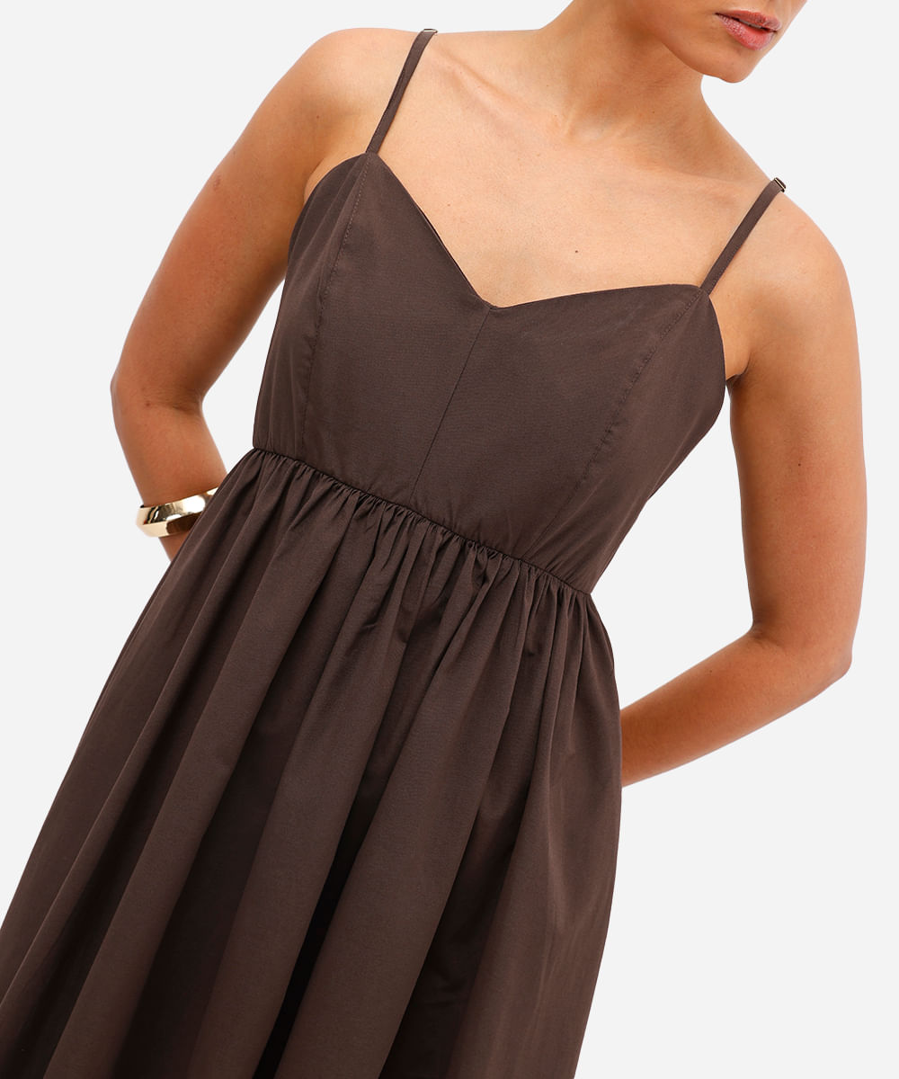vestido midi feminino alça fina godê marrom