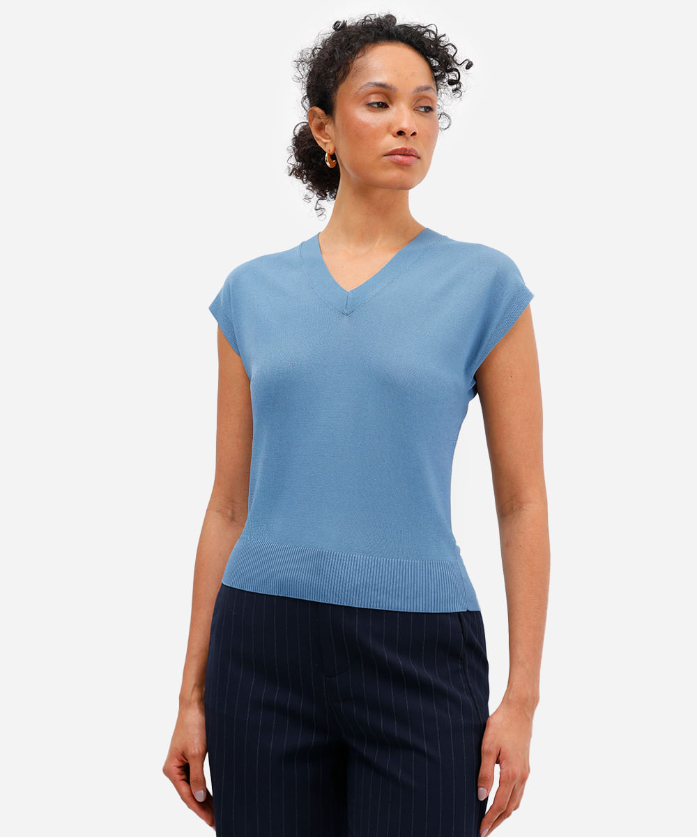 blusa feminina de tricot decote v azul