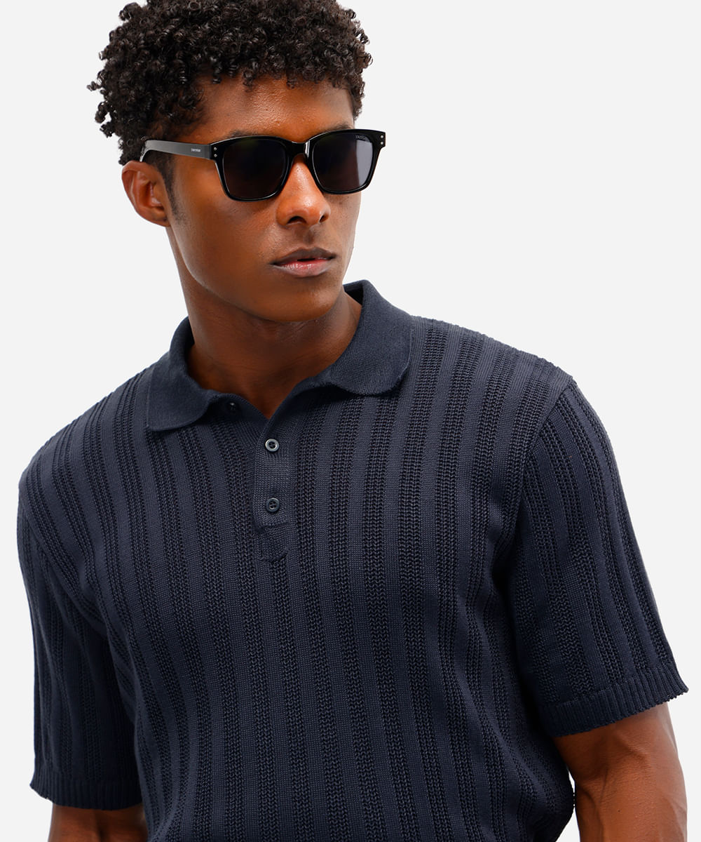 polo masculina de tricot texturizada azul