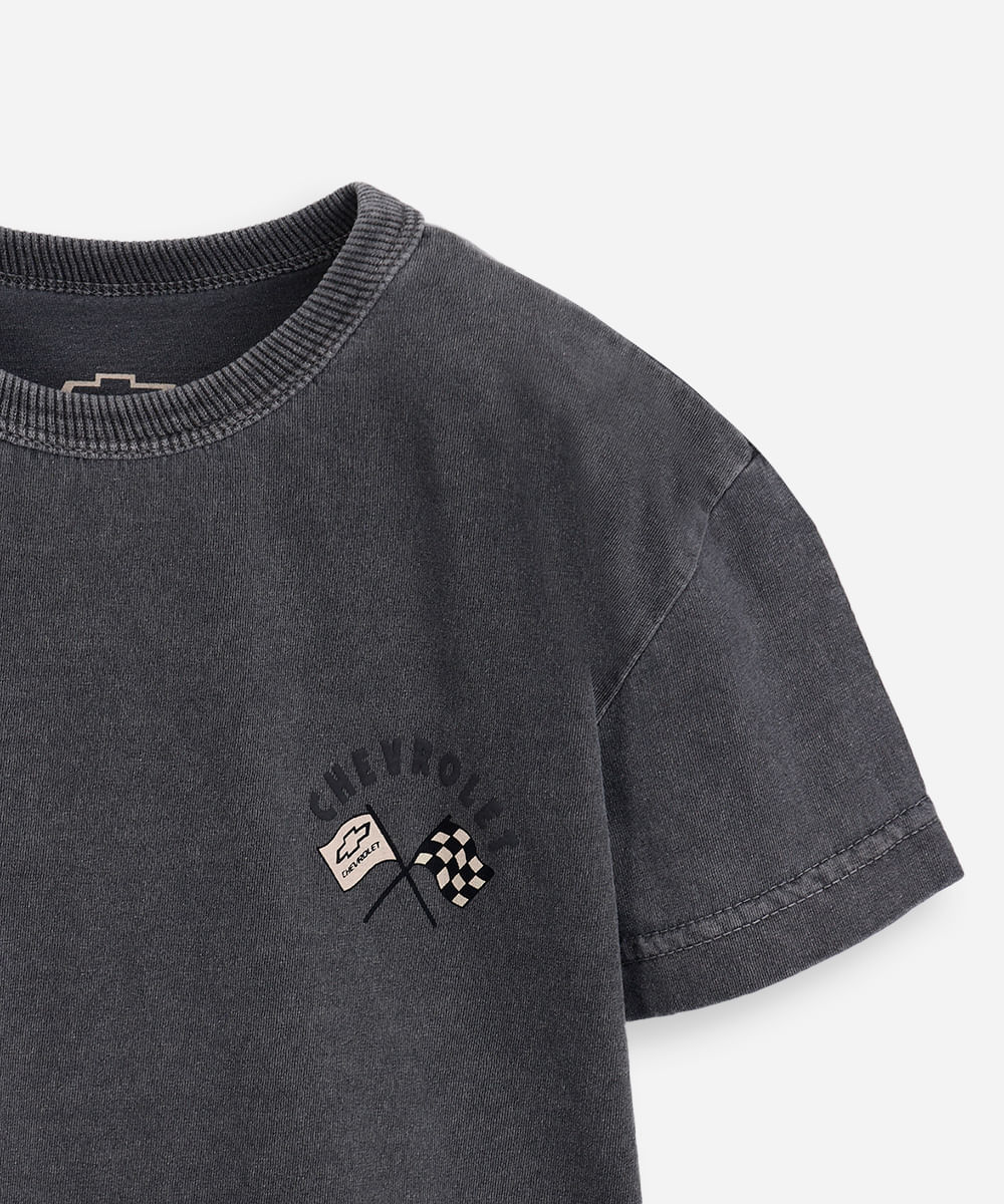camiseta infantil de algodão chevrolet estonada cinza