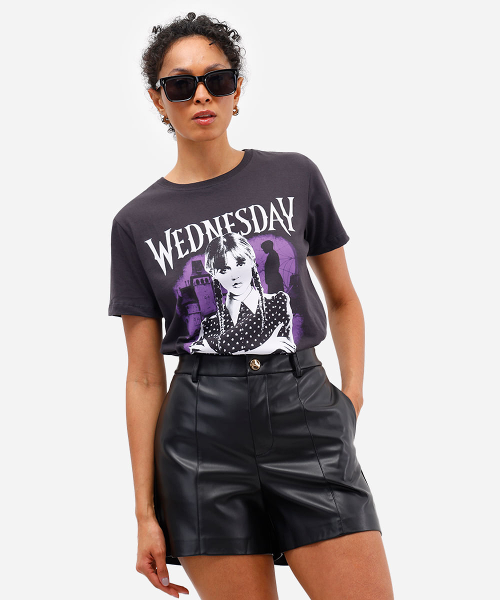 camiseta feminina de algodão wandinha cinza