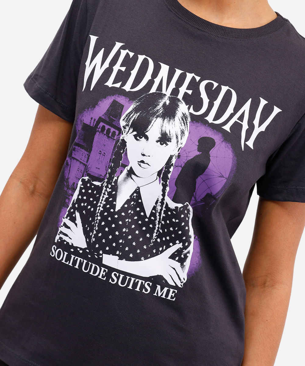 camiseta feminina de algodão wandinha cinza
