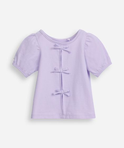 blusa infantil de algodão manga bufante com laços lilás
