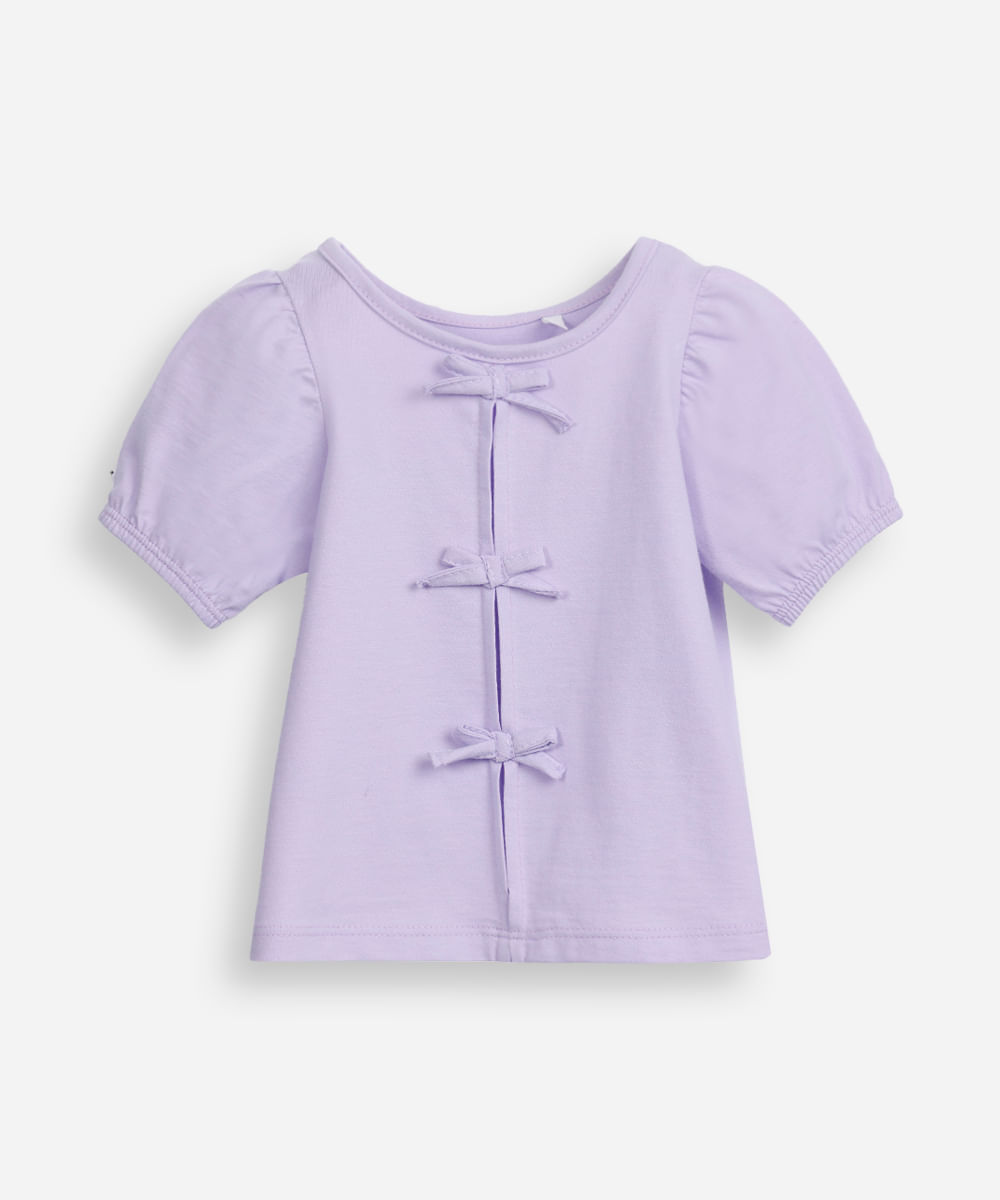blusa infantil de algodão manga bufante com laços lilás