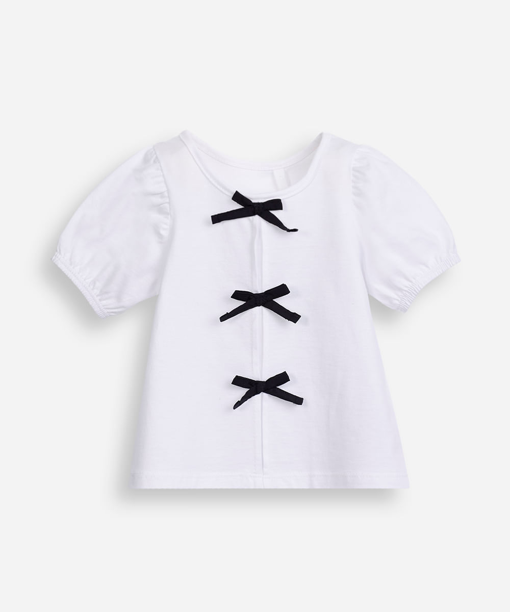 blusa infantil de algodão manga bufante com laços off white