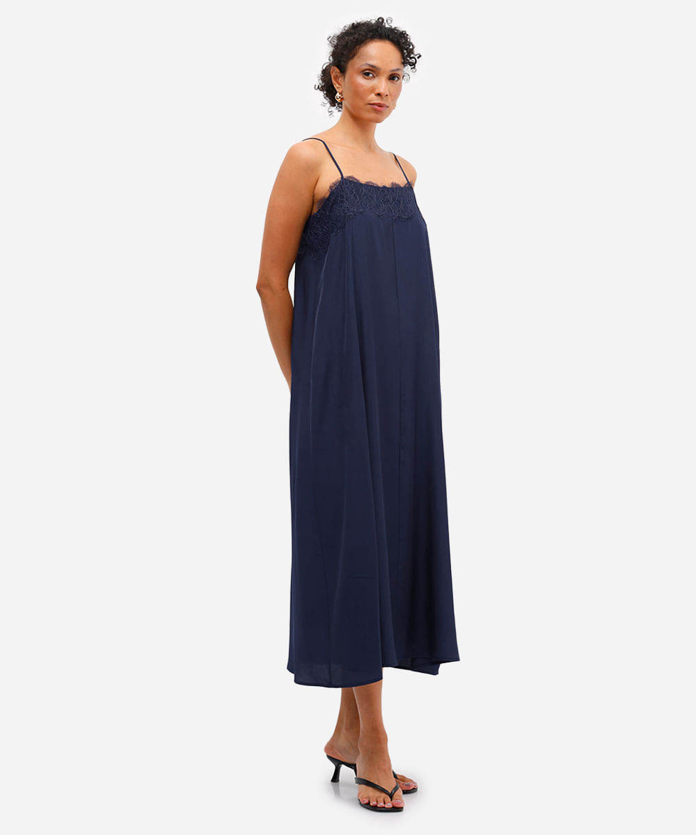 vestido midi feminino com renda acetinado azul