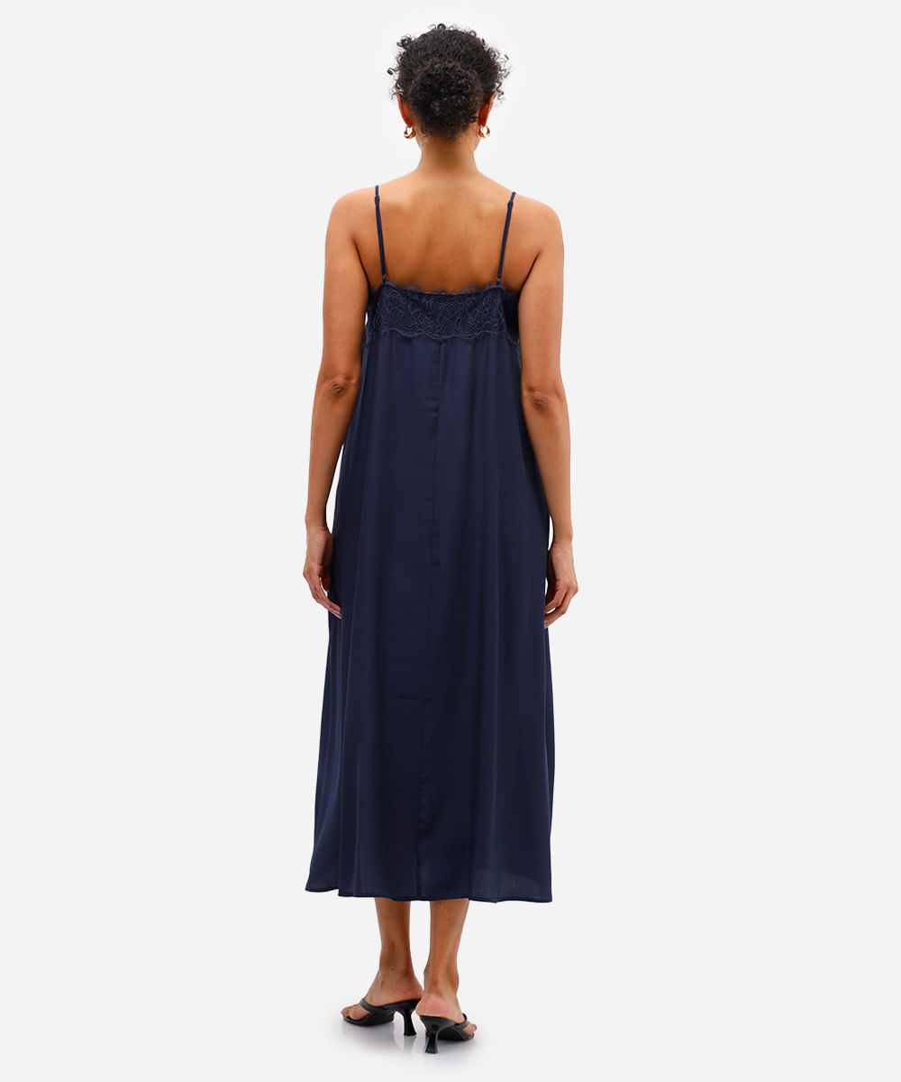 vestido midi feminino com renda acetinado azul