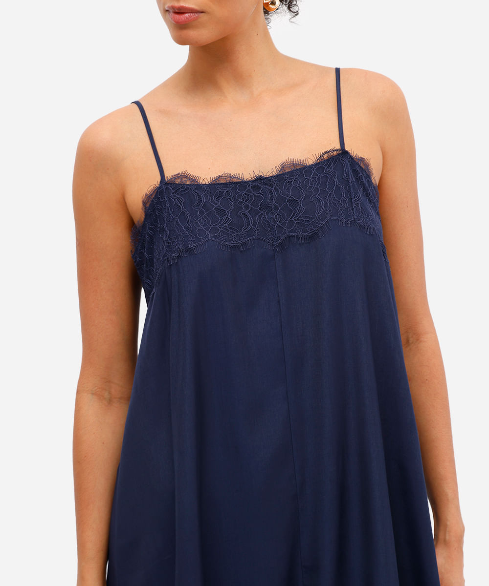 vestido midi feminino com renda acetinado azul