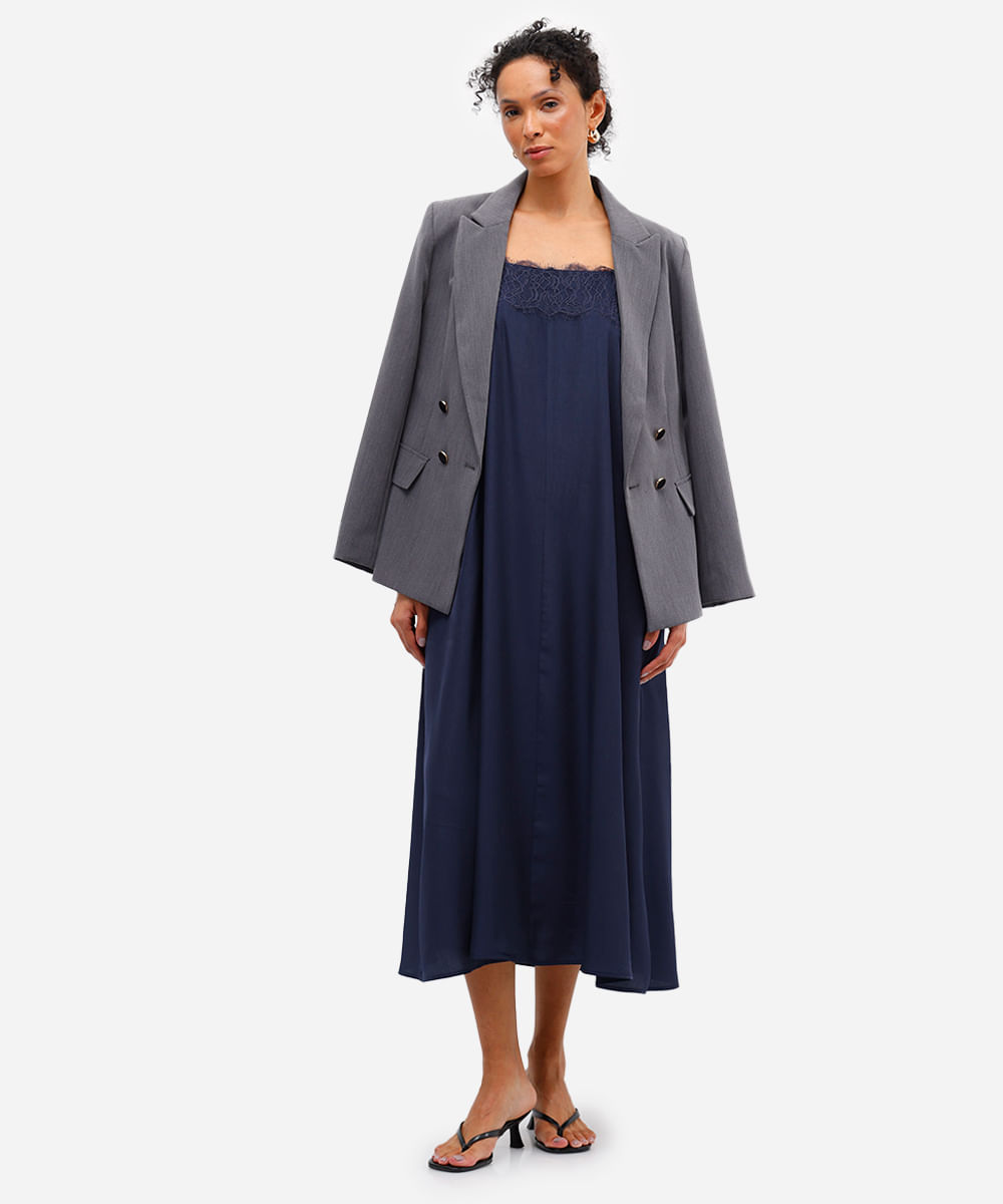 vestido midi feminino com renda acetinado azul