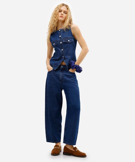 calça barrel feminina jeans cintura alta azul