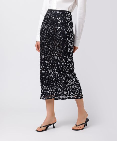 saia midi feminina de paetê com fenda mindset preta